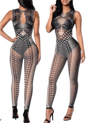 Women' s Fashion Sexy O Neck Sleeveless Elastic Mesh Jumpsuit Rompers Casual Playsuit Bodysuit