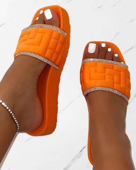 Rhinestone Contrast Paneled Wide Strap Slippers