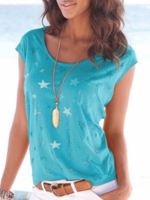 Women's Fashion Solid Round Neck Pocket T-shirt  Short Sleeve Loose Casual  Top T-shirt