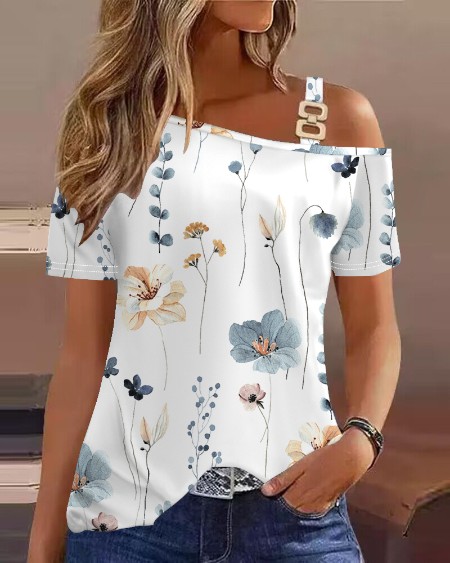 Floral Print Buckled Cold Shoulder Top