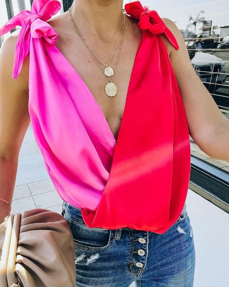 Colorblock Tied Detail Sleeveless Wrap Top