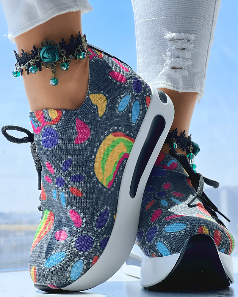 Abstract Print Side Lace-up Casual Wedge Sneakers