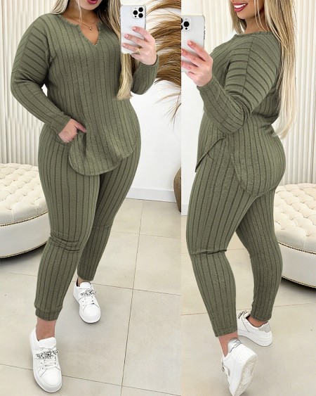 Plus Size 2 Pieces Outfit Notch Neck Long Sleeve Asymmetrical Hem Top and Elastic Waist Slim Fit Pants Set Casual Brushed Ribbed Set