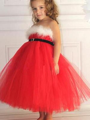Christmas Baby Girl Wedding Dress Veil Feathers Plush Dress Sweet Princess Dress Party Red Girl Dress