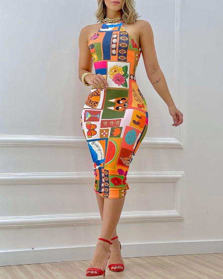 Graphic Print Sleeveless Skinny Dress