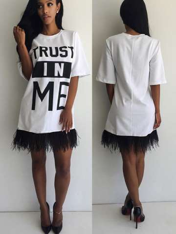 Women's Short Sleeve Fashion Letters Print with Tassel White Casual Dress Loose Dress