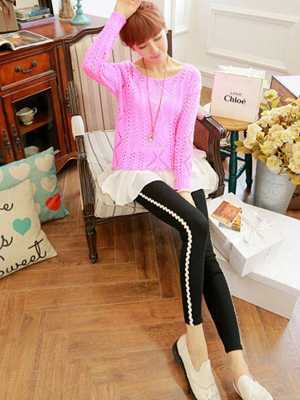 Hot Korean fashion Autumn Wave Lace White Side Lines Ankle Length Leggings