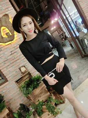 Women's Fashion Elastic Sexy Suit Sets 2 Pieces Cross Hollow-Out Waist Long Sleeve Top + Irregular Package Hip Skirts