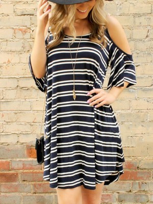 Summer Women's Off Shoulder Sleeveless Stripe Print Halter Dress Casual T-Shirt Crop Top