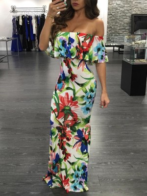 Sexy Women's Off Shoulder Slash Neck Long Dress Backless Lotus Leaf Print Maxi Dress