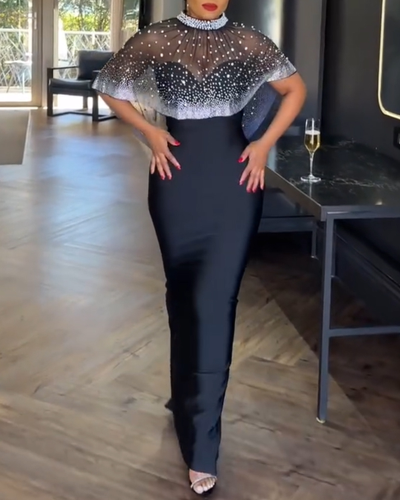 2 Pieces Outfit Zipper Back Slit Slim Fit Strapless Maxi Dress and Rhinestone & Pearls Decor High Neck Zipper Back Sheer Mesh Poncho Cape