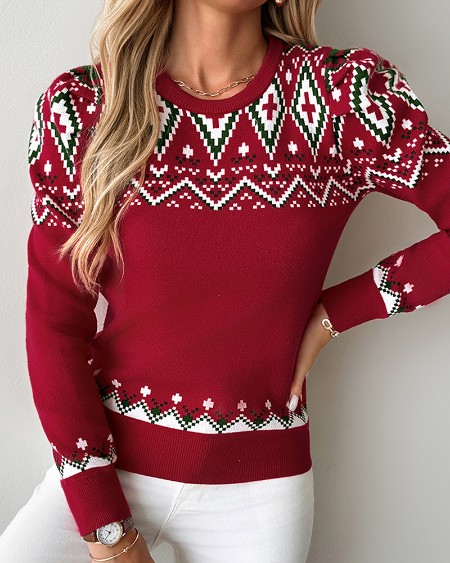 Christmas Aztec Geometric Pattern Long Sleeve Knit Sweater
