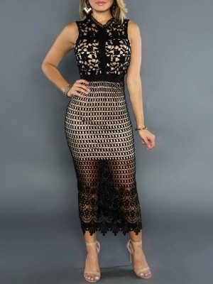 Women's Sleeveless Slim Fit Midriff Crop Lace Bodycon Dress Lace Casual Dresses