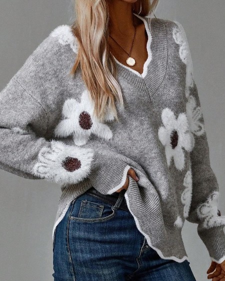 Contrast Binding 3D Flower V Neck Long Sleeve Pullover Sweater Casual Loose Fit Fall Top