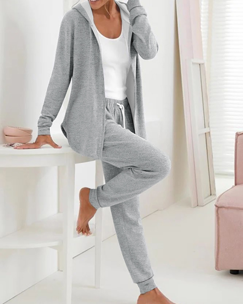 2 Pieces Outfit Long Sleeve Zip Up Curved Hem Hoodie Coat and Casual Drawstring Elastic Waist Cuffed Pants Set