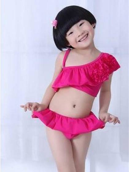 Girls Lovely Cute Candy Color Strappy Flower Halter 2  Pieces Swimsuit