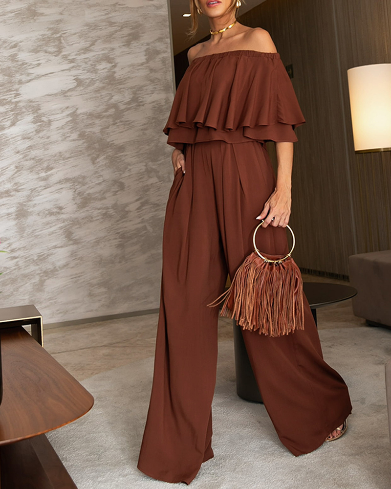Off the Shoulder Layered Trim Waist Jumpsuit Casual Wide Leg Romper