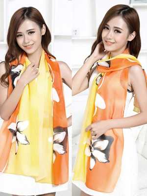 New Women's Autumn Winter Bright Flowers Printed Wild Chiffon Warm Scarves Shawl Orange + Yellow Gradient Long Cappa