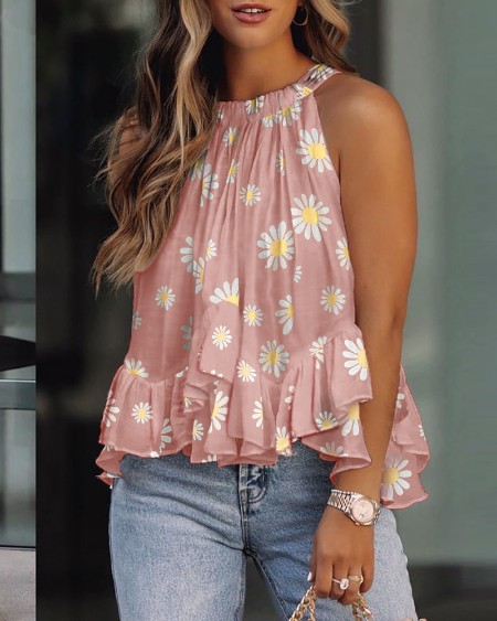 Daisy Print Layered Ruffles Sleeveless Top