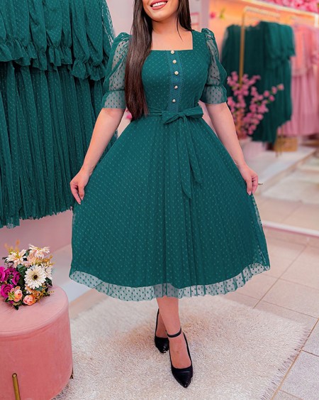 Square Neck Lace Short Sleeve Waist A Line Dress Casual Sheer Mesh Mid-Calf Dress