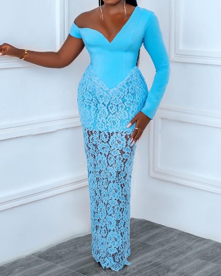 Contrast Lace V-Neck Bodycon Dress