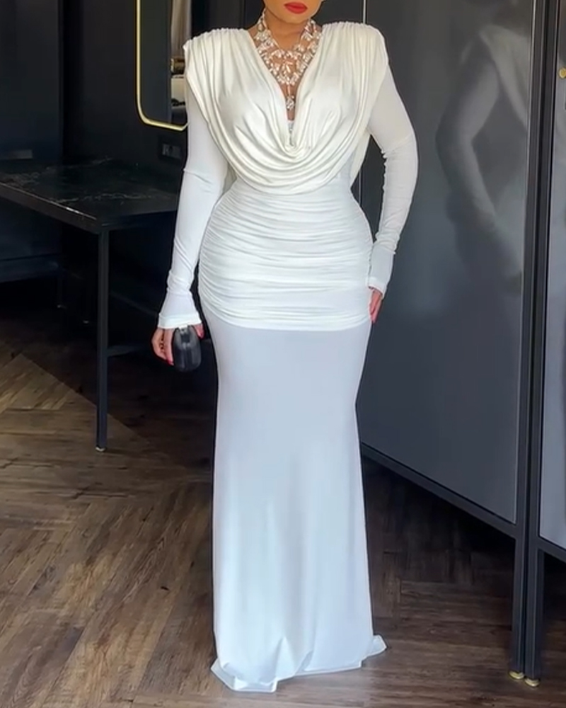 Cowl Neck Ruched Cinched Waist Slim Fit Maxi Dress Casual Padded Shoulders Backless Evening Dress