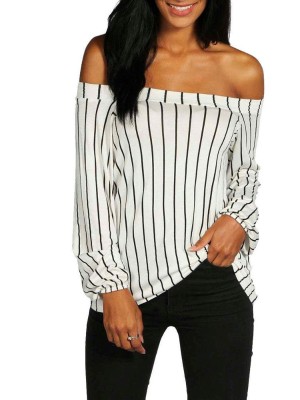 Sexy Fashion Strip Long Sleeve Word Neck Off Shoulder T-shirt Crop Top Casual Blouse Tee