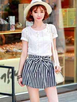 Fashion Casual Suit Sets 2 Pieces Cotton Hollow Short Sleeve Shirt+Strip Bowknot Skirt