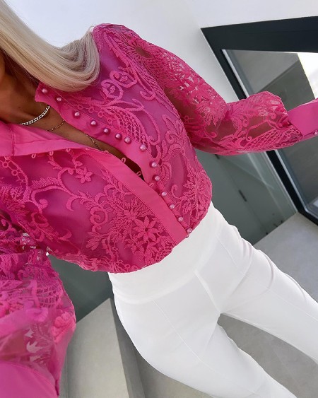 Stand Collar Lace Long Sleeve Pearls Button Front Blouse Casual Embroidery Lace Overlay Top