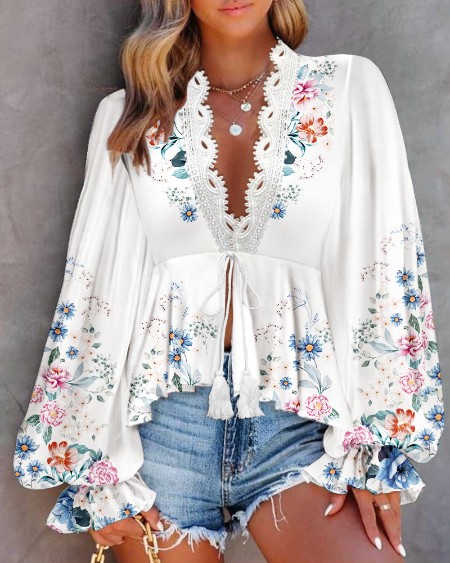 Floral Placement Print Deep V-Neck Contrast Lace Lantern Sleeve Flare Cuffs Blouse Casual Bow Tie Front Ruffle Hem Loose Top