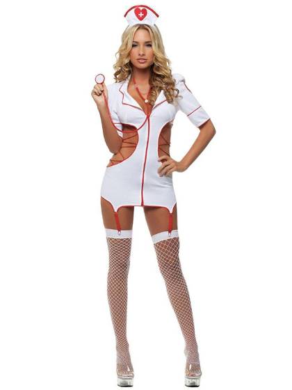 Sexy Nurse Costumes Cut Out Zipper Front Dress & Hat