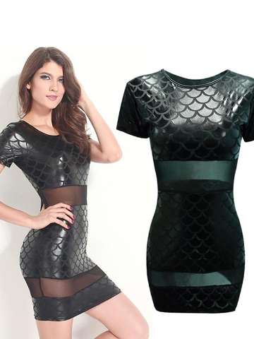 Trendy Womens One Shoulder Mermaid Scale Print Slim Cocktail party dresses Evening