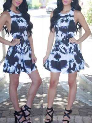 Holiday Flower Print Sleeveless Halter Neck Backless Skater Dress Vintage Dresses