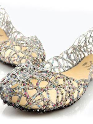 Summer Crystal Plastic Jelly Shoes Breathable Shoes Out Flat Heel Bird Nest Mesh Female Sandals