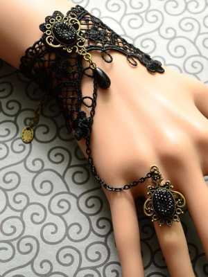 Women's Stylish Cool Lace& Beads Choker Victorian Steampunk Style Gothic Ring Bracelet
