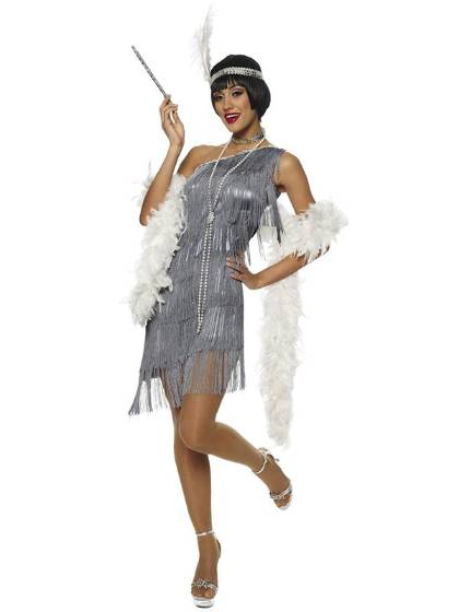 Sexy Gray Tassel Fringe Dress Flapper Girl Retro Adult Costume Halloween Fancy Party