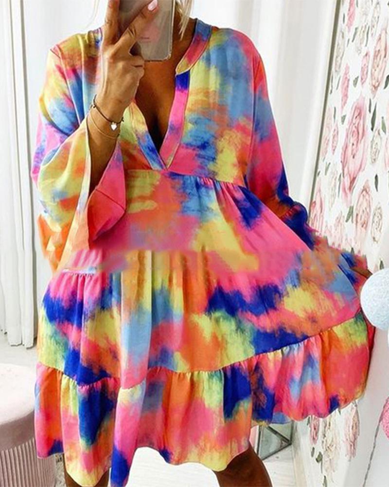 

Multicolor Tie Dye Print Long Sleeve Loose Long Dress