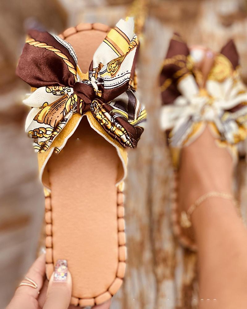 

Round-toe Bow Strap Open-toe Flat Slippers, Yellow