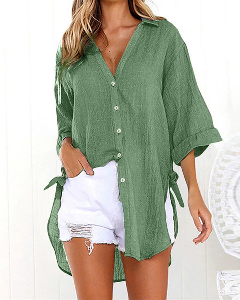 

Tied Detail Buttoned V-Neck Shirt, Green