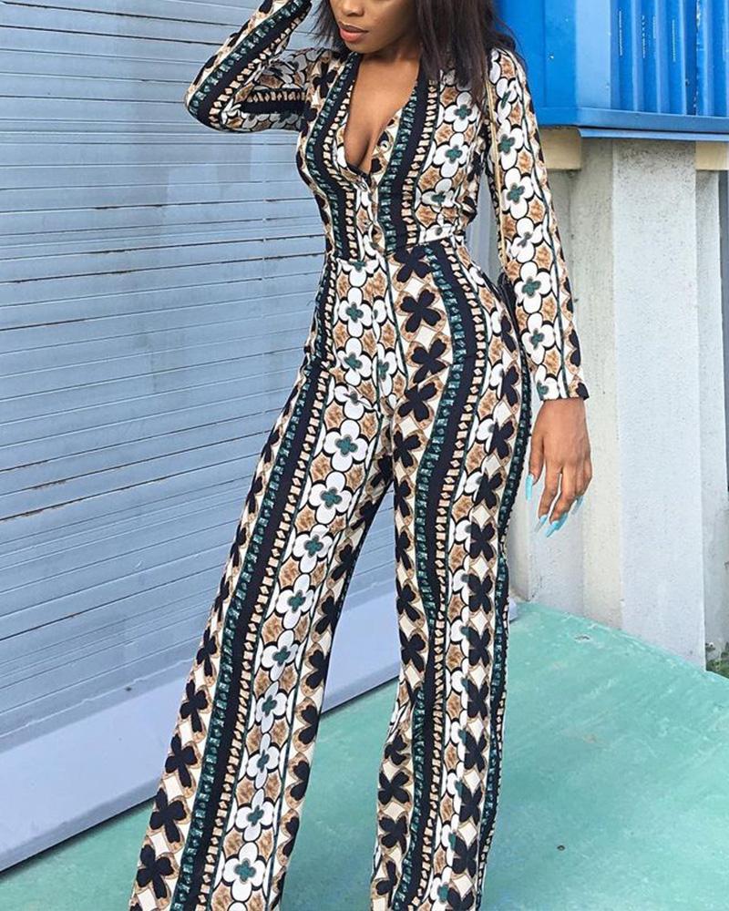 

All Over Print Button Front Long Sleeve Belted Jumpsuit, Multicolor