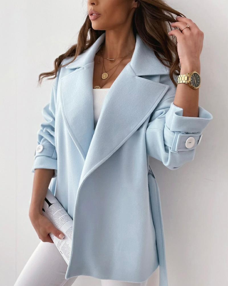 

Long Sleeve Open Front Belted Coat, Blue