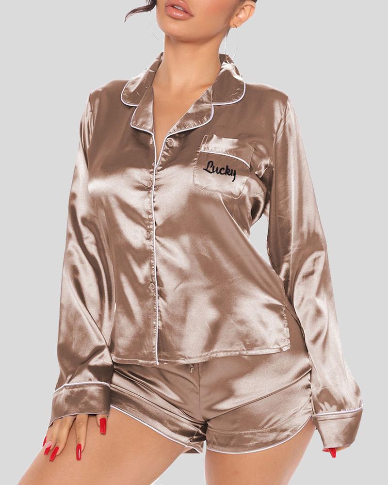 

Letter Print Button Front Satin Pajamas Set, Gray