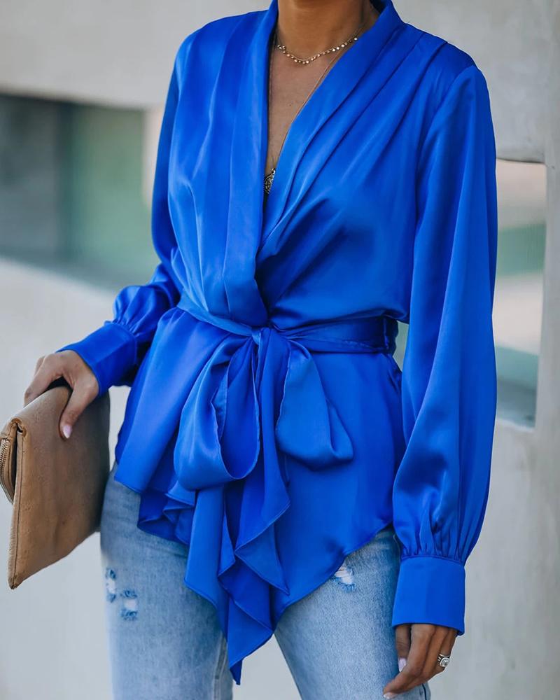 

Plain Plunge Wrap Long Sleeve Top With Belt, Blue