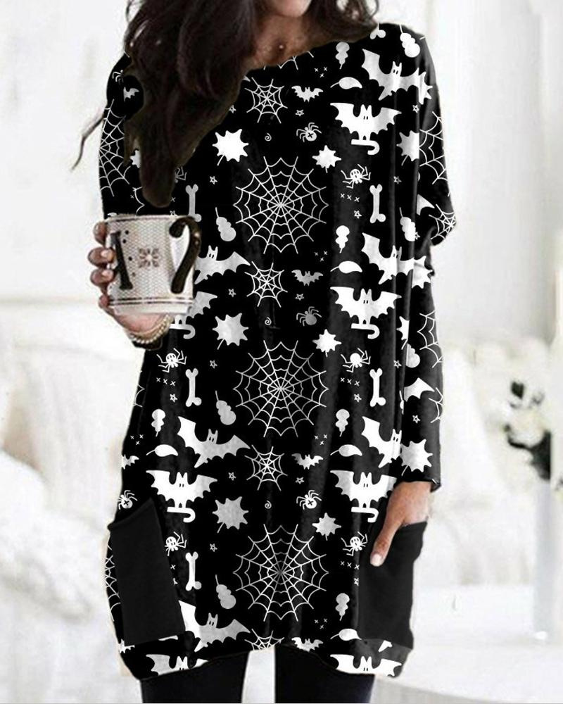 

Halloween Pumpkin Graphic Print Pocket Detail Long Sleeve Dress, Style5