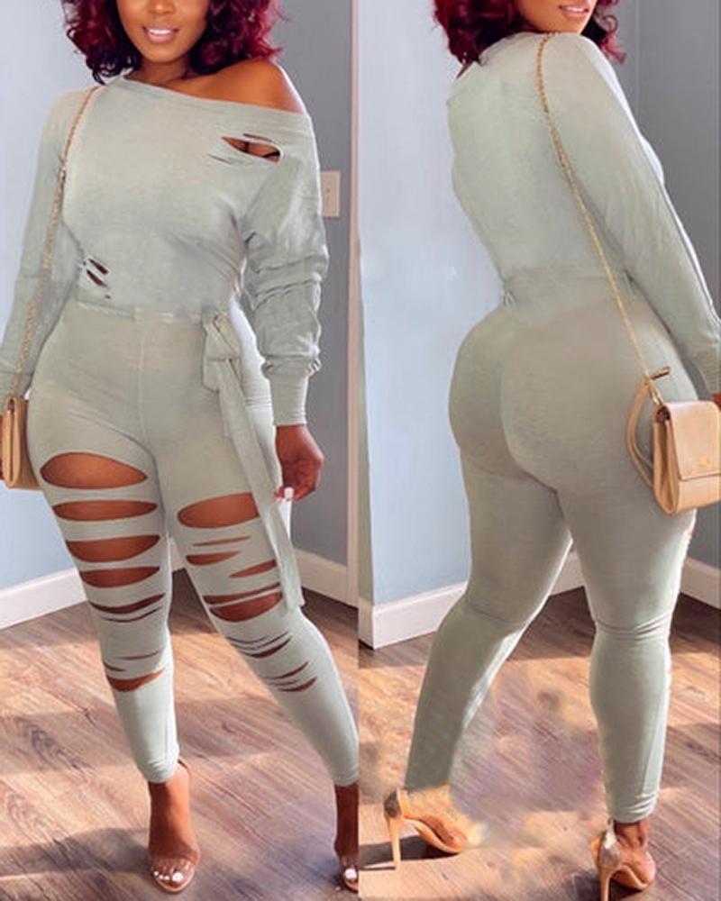 

Long Sleeve Ladder Cutout Jumpsuit, Gray