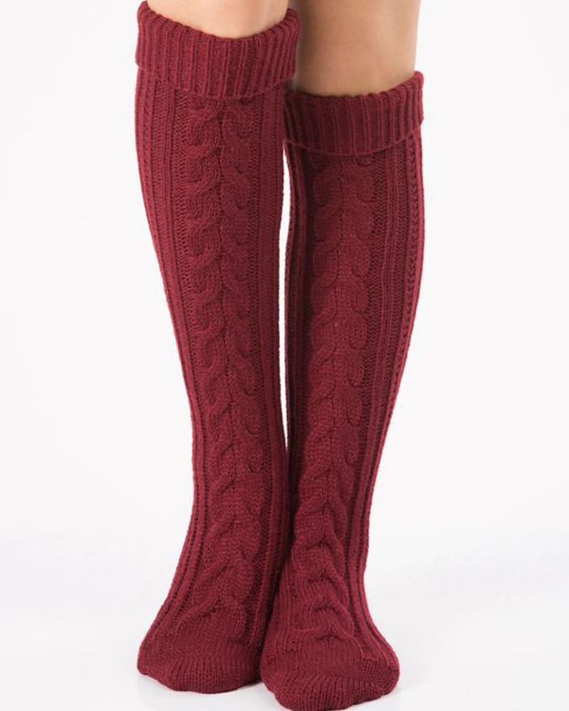 

Cable Knit Over The Knee Floor Winter Socks, Wine red