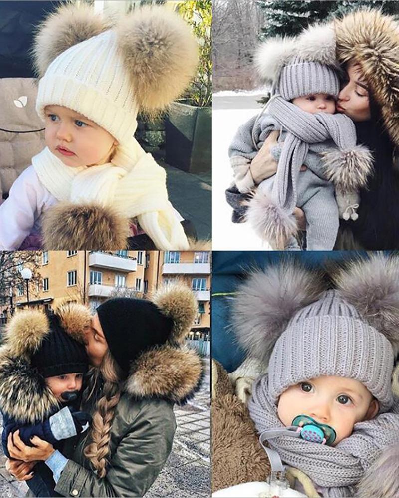 

Knit Double Pom Pom Decor Cuffed Beanie For Kids, Beige