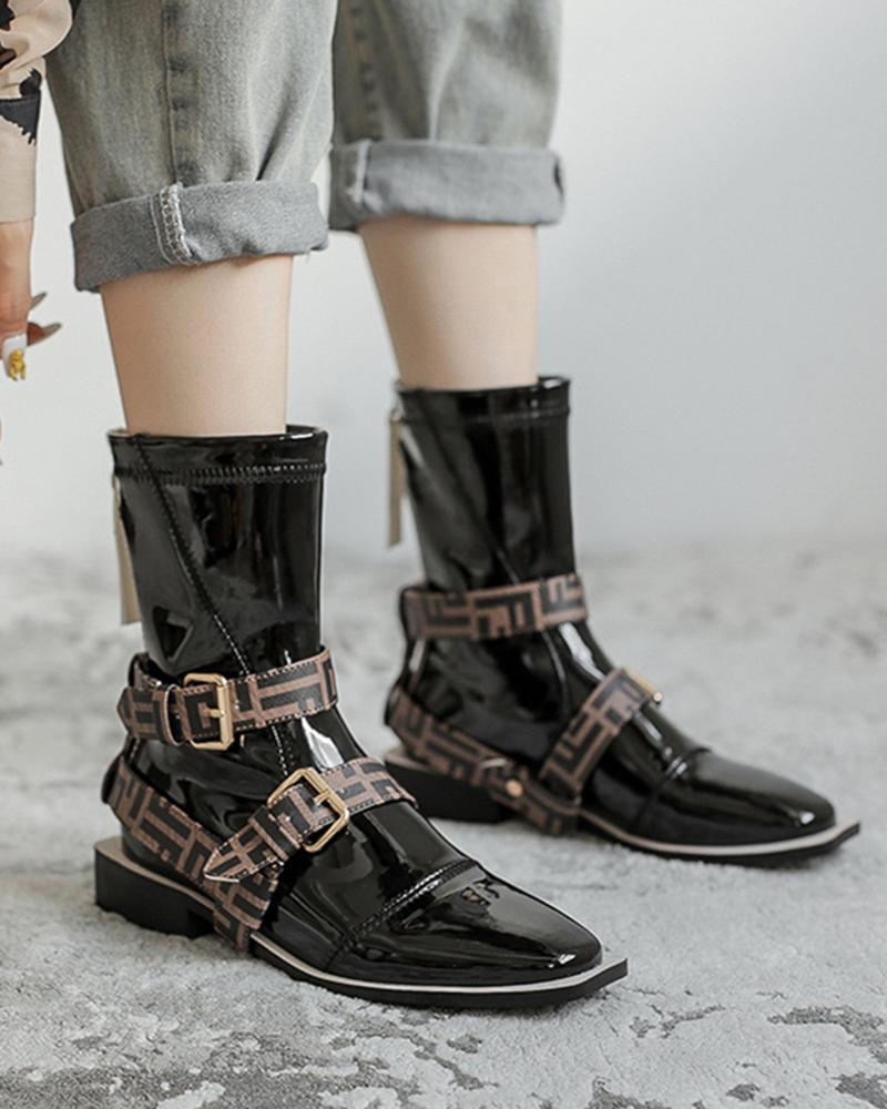 

Round-toe Lacquered Leather Splicing Buckles Boots, Black
