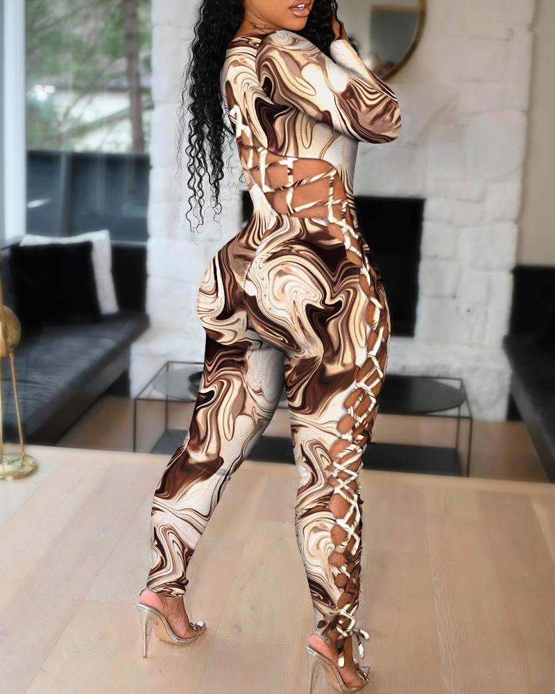 

Abstract Lace Up Side Long Sleeve Jumpsuit, Brown