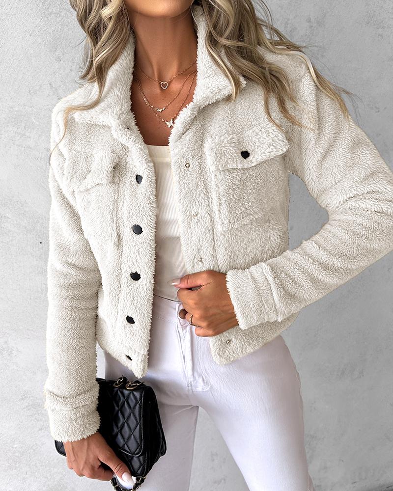 

Snap Button Pocket Design Teddy Jacket, White